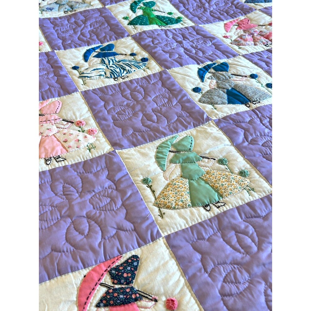 Vintage Bonnet Girl with Parasol Cotton Embroidered Hand Stitch Quilt 89" X 90"